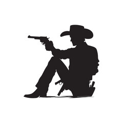 Cowboy holding gun. Black vector silhouette logo illustration design white background sitting