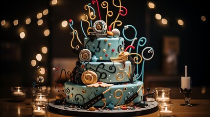 Music-themed cake decorated with musical notes and instruments, featuring the birthday age as the year of a favorite album release.