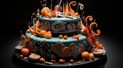 Music-themed cake decorated with musical notes and instruments, featuring the birthday age as the...