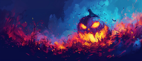 halloween monster in style of beautiful grotesque, pumpkin monster, glowing lights, autumn colors - 774457774