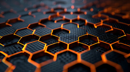 Abstract background with black glowing honeycomb hexagons and fiery orange backlight - obrazy, fototapety, plakaty