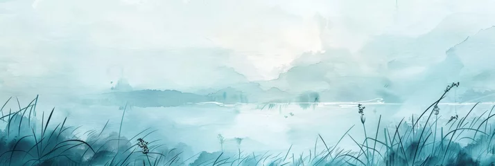 Gordijnen A serene watercolor landscape texture, blending the tranquil beauty of Lakeland with soft, dreamy hues created with Generative AI Technology © Sentoriak