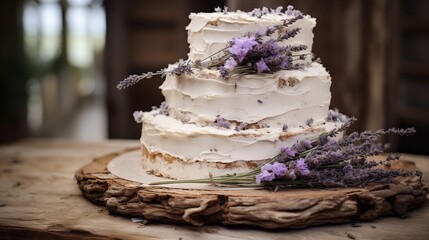 Rustic cake with burlap accents, fresh lavender sprigs, and twine details.