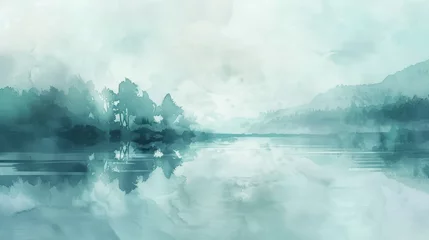 Fotobehang A serene watercolor landscape texture, blending the tranquil beauty of Lakeland with soft, dreamy hues created with Generative AI Technology © Sentoriak