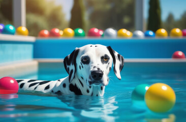 Dalmatian swims in a pool with colored balls - obrazy, fototapety, plakaty