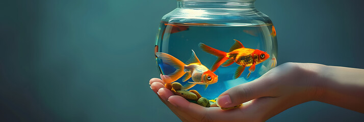 Woman's hand holds small aquarium fishbowl with goldfish on dark background. - obrazy, fototapety, plakaty