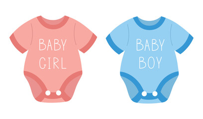 Newborn baby boy and baby girl bodysuits with handwritten text. Baby shower party elements. Cute kids clothes theme. Vector illustration in flat hand drawn style.
