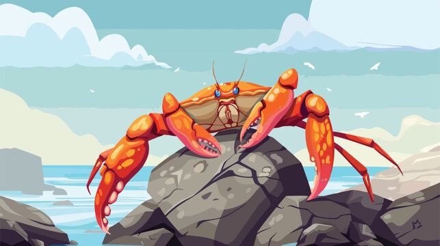 Illustration of crab on rocks flat cartoon vactor i