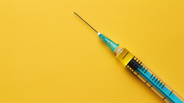 vaccine syringe on yellow background, world Immunization Week, April 24-30 , Immunization awareness month card banner portrait  - Powered by Adobe