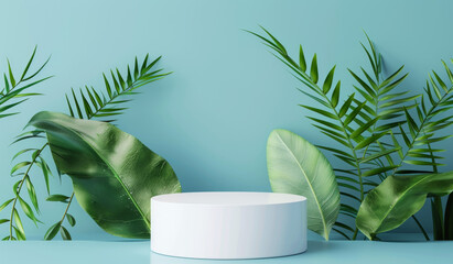 Minimalist display stand with foliage, cosmetic product mockup