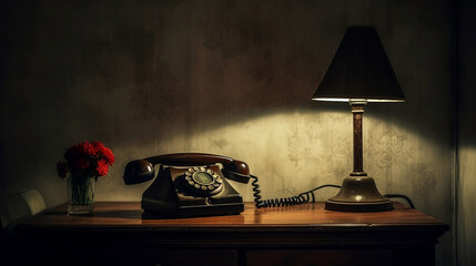 Old telephone on an old nightstand in an old room - obrazy, fototapety, plakaty