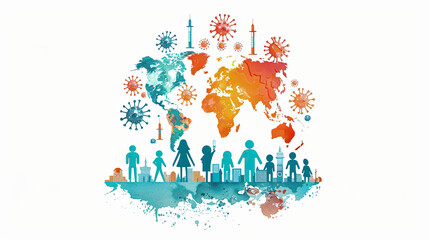 world Immunization Week, April 24-30 ,people illustration on colorful world map background, Immunization awareness month card banner portrait  - Powered by Adobe