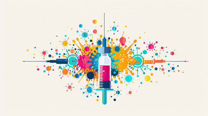 world Immunization Week, April 24-30 , vaccine syringe on colorful splash white background, Immunization awareness month card banner portrait