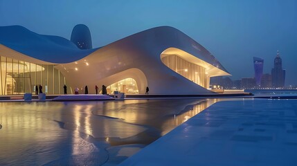 Amazing museum design architecture with orange ambient light blue sky background
