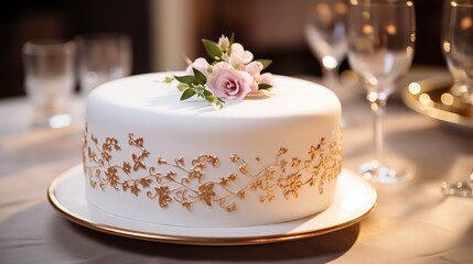 Single-tier white cake with delicate piped flowers and gold lettering.