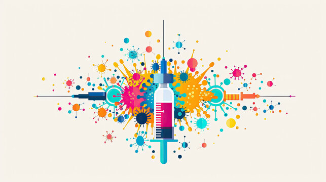 world Immunization Week, April 24-30 , vaccine syringe on colorful splash white background, Immunization awareness month card banner portrait 