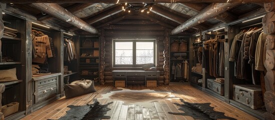 Rustic Elegance A Dressing Room in a Reclaimed Wood Log Cabin - obrazy, fototapety, plakaty