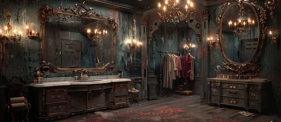 Victorian Dressing Room in a Haunted Mansion with Ethereal Apparitions