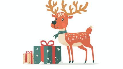 Obraz premium Illustration of reindeer and gift box on a white ba