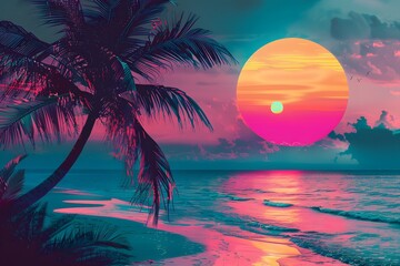 Obraz premium summer beach poster retrowave or synthwave neon colors, retro style