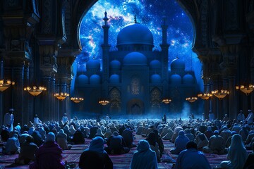 Worshippers gather at a mosque, illuminated by blue light, observing Laylat al-Qadr, the holy night in Ramadan. Generative AI - obrazy, fototapety, plakaty