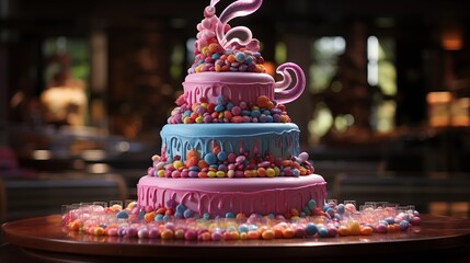 Tiered cake with a cascading waterfall of colorful candies, adorned with a giant number 
