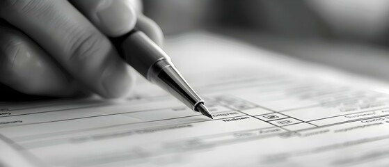 Filling out a business company form with a pen: Close-up of a hand. Concept Business Forms, Pen, Hand, Close-up, Corporate Identity