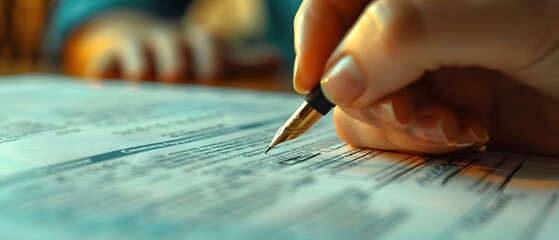 Closeup of a hand filling out a business company form with a pen. Concept Business forms, Closeup photography, Office setting, Handwriting with pen, Filling out paperwork