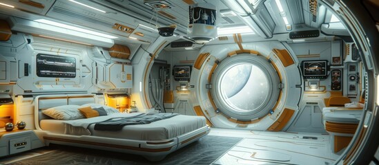 ZeroGravity Sleep A Futuristic Bedroom in a Space Station - obrazy, fototapety, plakaty