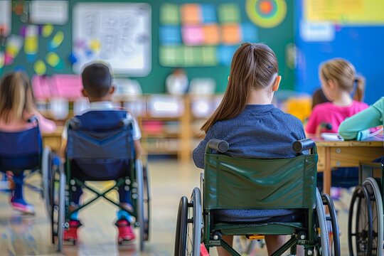 A student in a wheelchair engages with peers in a vibrant classroom setting, showcasing an inclusive education environment. Generative AI