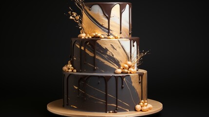 Tiered cake with alternating layers of smooth dark chocolate and white chocolate, with a single gold leaf accent.