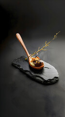elegant wooden canapé spoon placed on a black kitchen slate holds a preparation of a small chocolate dessert on a cream base, delicately garnished with nuts. It is decorated Ai generative 