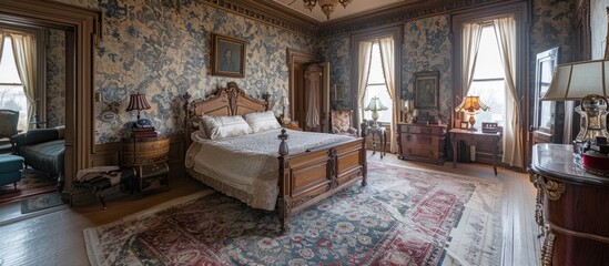 Victorian Elegance Intricate Wallpaper Adorns Historic Mansions AntiqueFilled Bedroom - obrazy, fototapety, plakaty