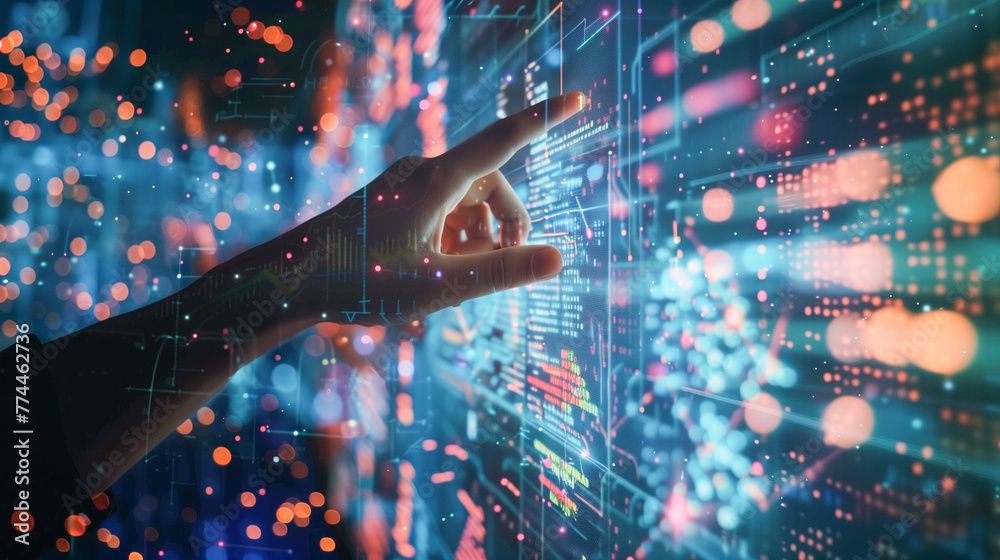 Wall mural programmer's hand touches the monitor. working with modern technology and digital layers, business s