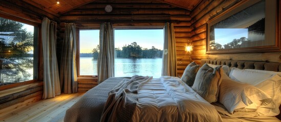 Fototapeta na wymiar Tranquil Lakeside Cabin A Peaceful Bedroom Sanctuary Overlooking the Water