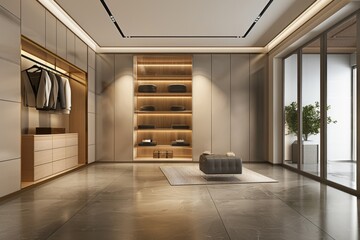 Modern interior design of a dressing room with modern wardrobe shelves on the wall.