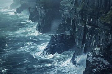 A rugged coastline texture, with jagged cliffs and crashing waves, evoking the perilous journey to find the legendaries created with Generative AI Technology - obrazy, fototapety, plakaty