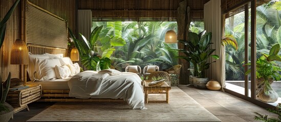 Jungle Retreat Serene Tropical Bedroom Sanctuary with Bamboo Furnishings and Lush Plants