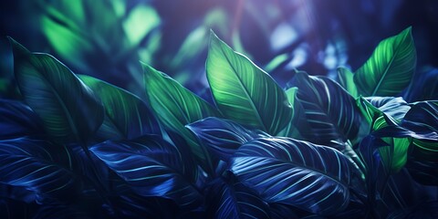 Tropical monstera leaves in neon light. Nature background.