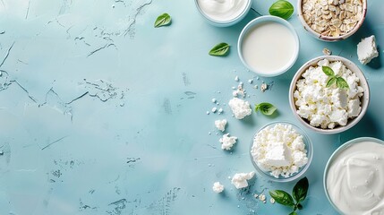 Top and flat view of dairy products on concrete blue background with copy space, healthy food.