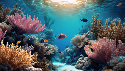 underwater scene with corals and fish; surreal fantasy world