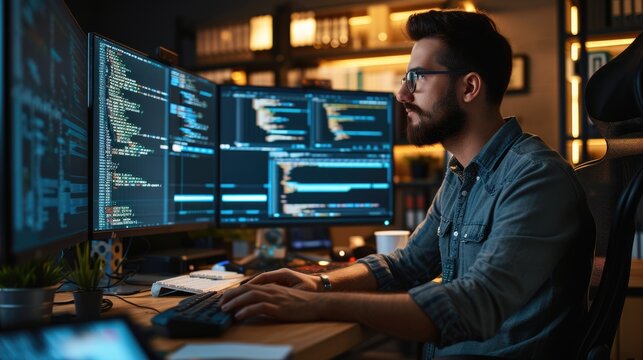 A software developer works on code late into the night, illuminated by the glow of multiple computer screens in a modern office. AIG41