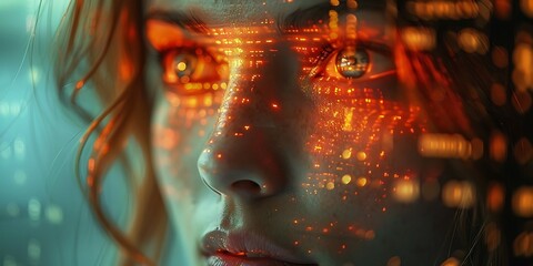 close-up of the face of a girl who is analyzing what the artificial intelligence has shown her. - obrazy, fototapety, plakaty