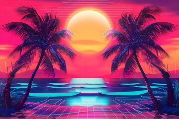 summer beach poster retrowave or synthwave neon colors, retro style