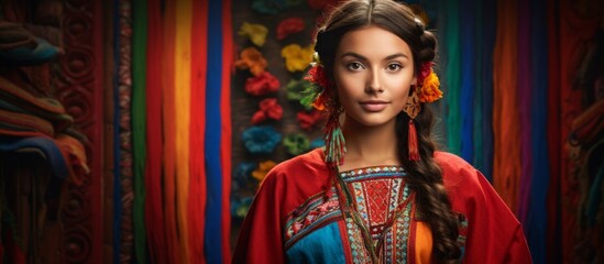 Fototapeta premium A woman wearing a vibrant and multicolored dress stands elegantly with a beautiful flower tucked behind her ear