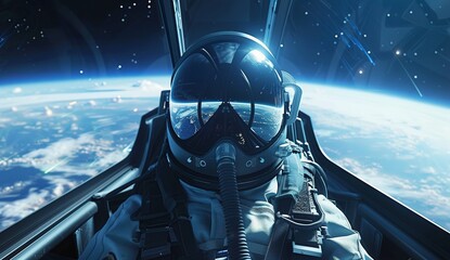 a pilot in an advanced space fighter jet, wearing helmet and visor, flying over earth, wide angle shot, realistic, cinematic --ar 26:15 Job ID: 926df3a3-7730-4b96-9e39-78298e4ef9fb - obrazy, fototapety, plakaty
