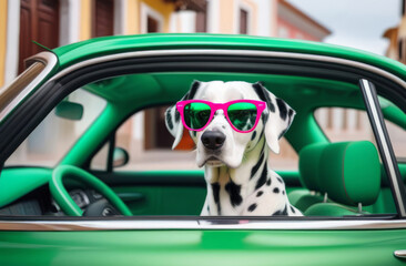 Dalmatian with glasses rides in a green car