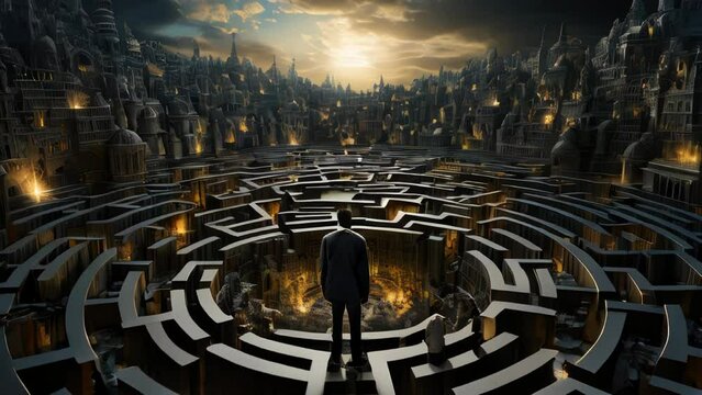 Man standing in the middle of a round maze