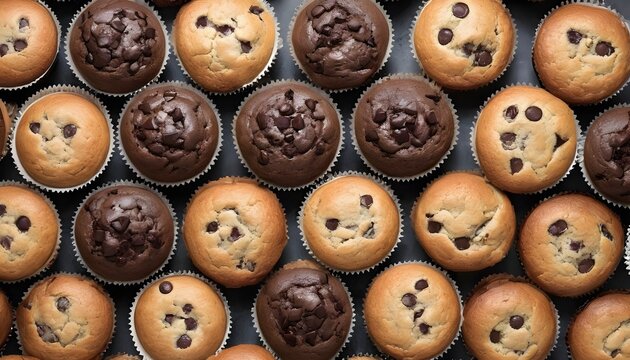 View ro above of a variety of muffins on a wooden plate, chocolate chips, chocolate, cocoa, vanilla, nuts ones