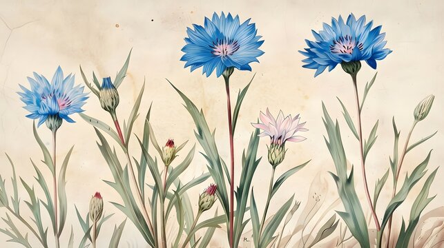 Antique botany illustration of wild flowers: Corn Blue bottle, Centaurea Cyanus